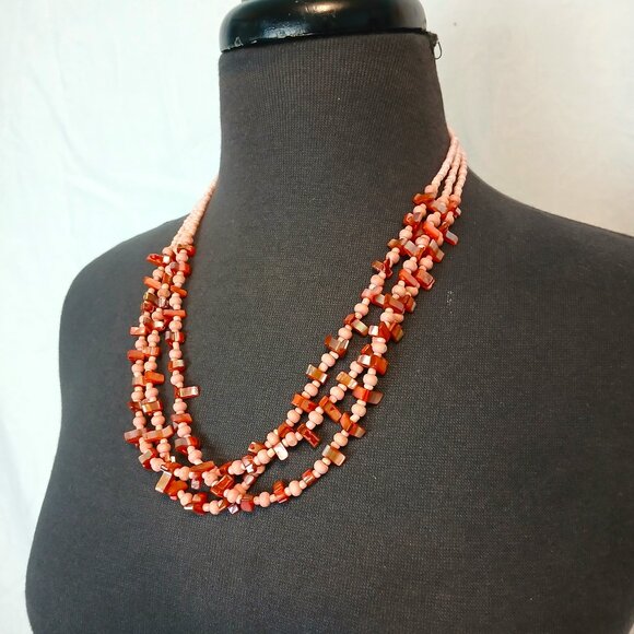 3-Strand Peach/Red/Mother-of-Pearl Necklace - Picture 1 of 4